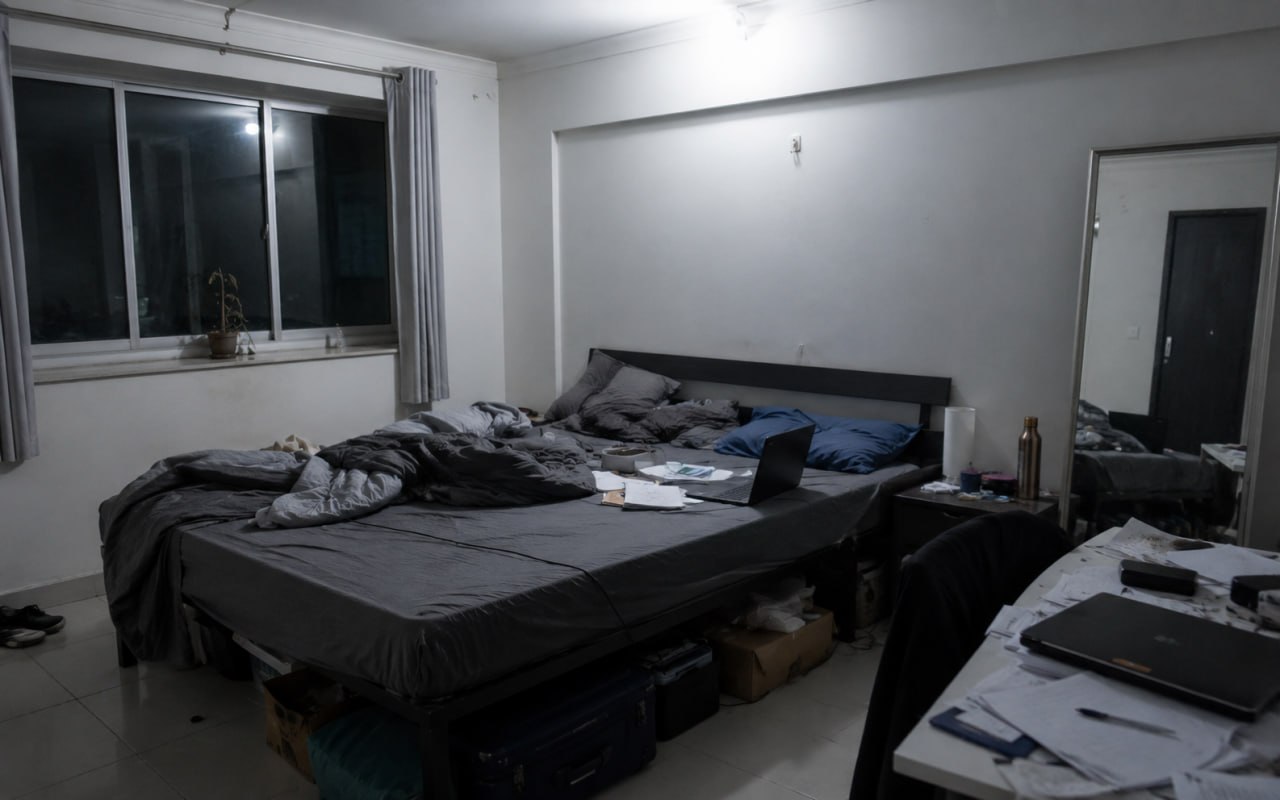 Cluttered bedroom with grey sheets, laptop on bed, suitcases underneath, mirror facing the bed